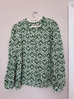 Boden 100% linen Green and White Floral Print V-Neck Blouse